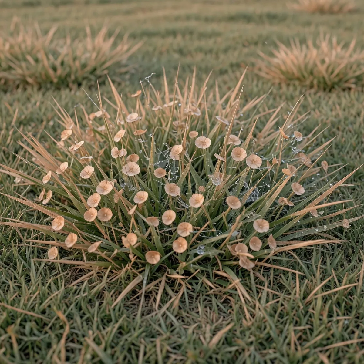 Close-up of Zoysia grass blades displaying small straw-colored spots and faint white fungal threads on dewy leaves.