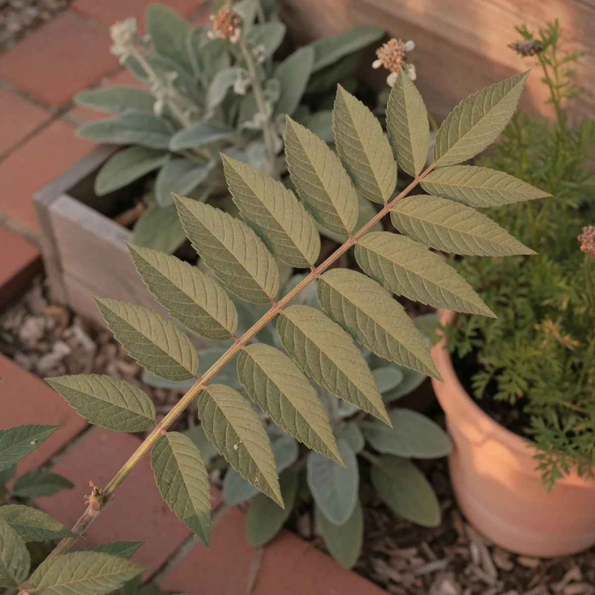 A pinnately compound leaf showing leaflets arranged in pairs along a central stem.