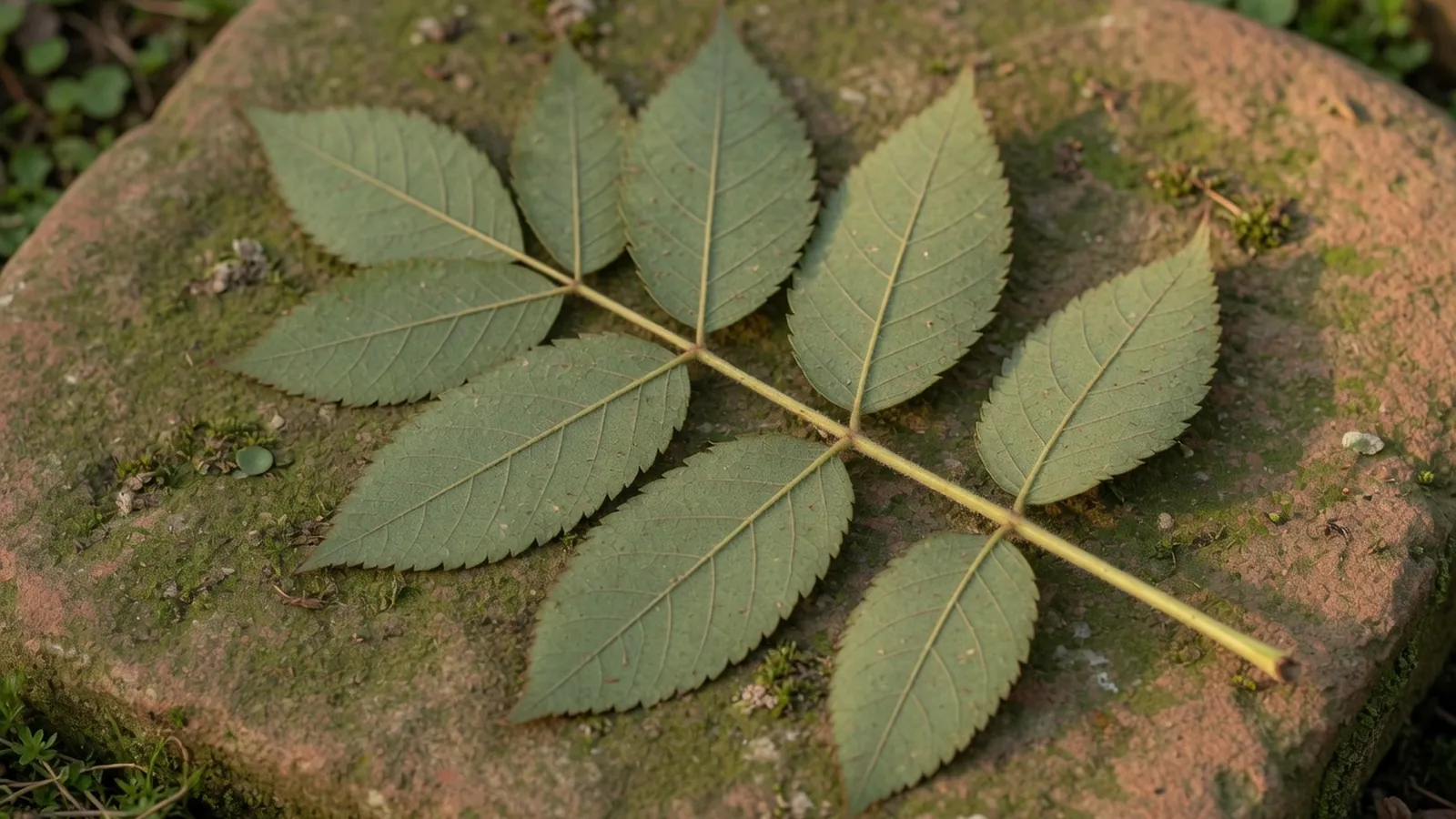 A clearly divided compound leaf displaying distinct leaflets along a central rachis.