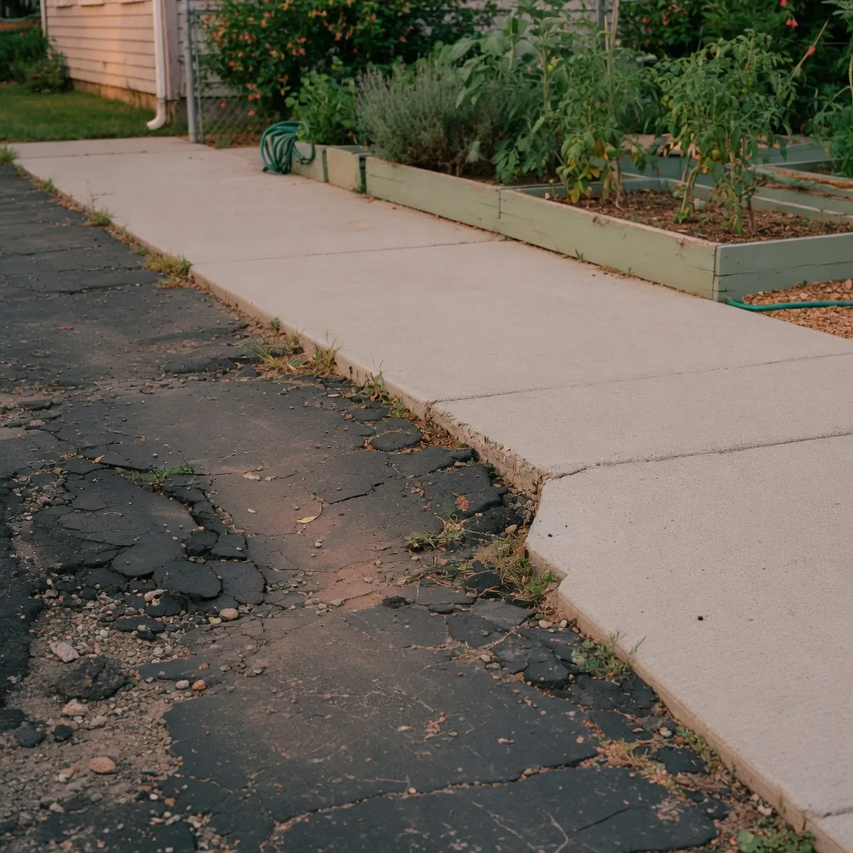 A close-up view of a weathered asphalt driveway edge showing cracked pavement next to intact concrete.