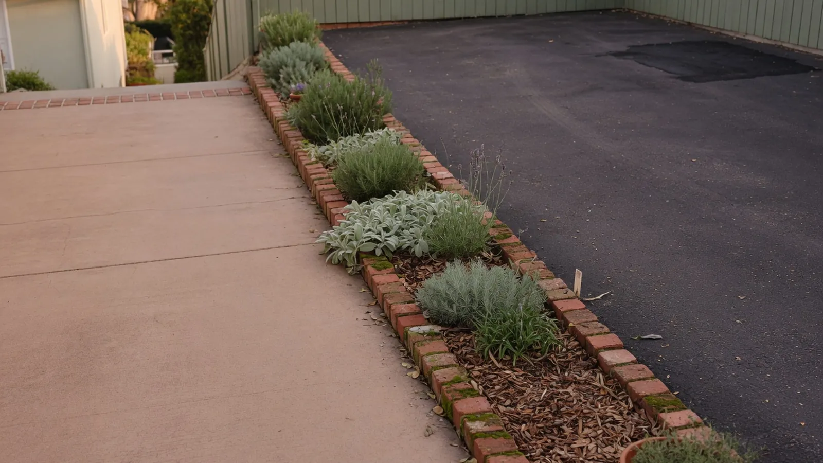 A smooth concrete driveway and a dark asphalt driveway meeting at a garden border.