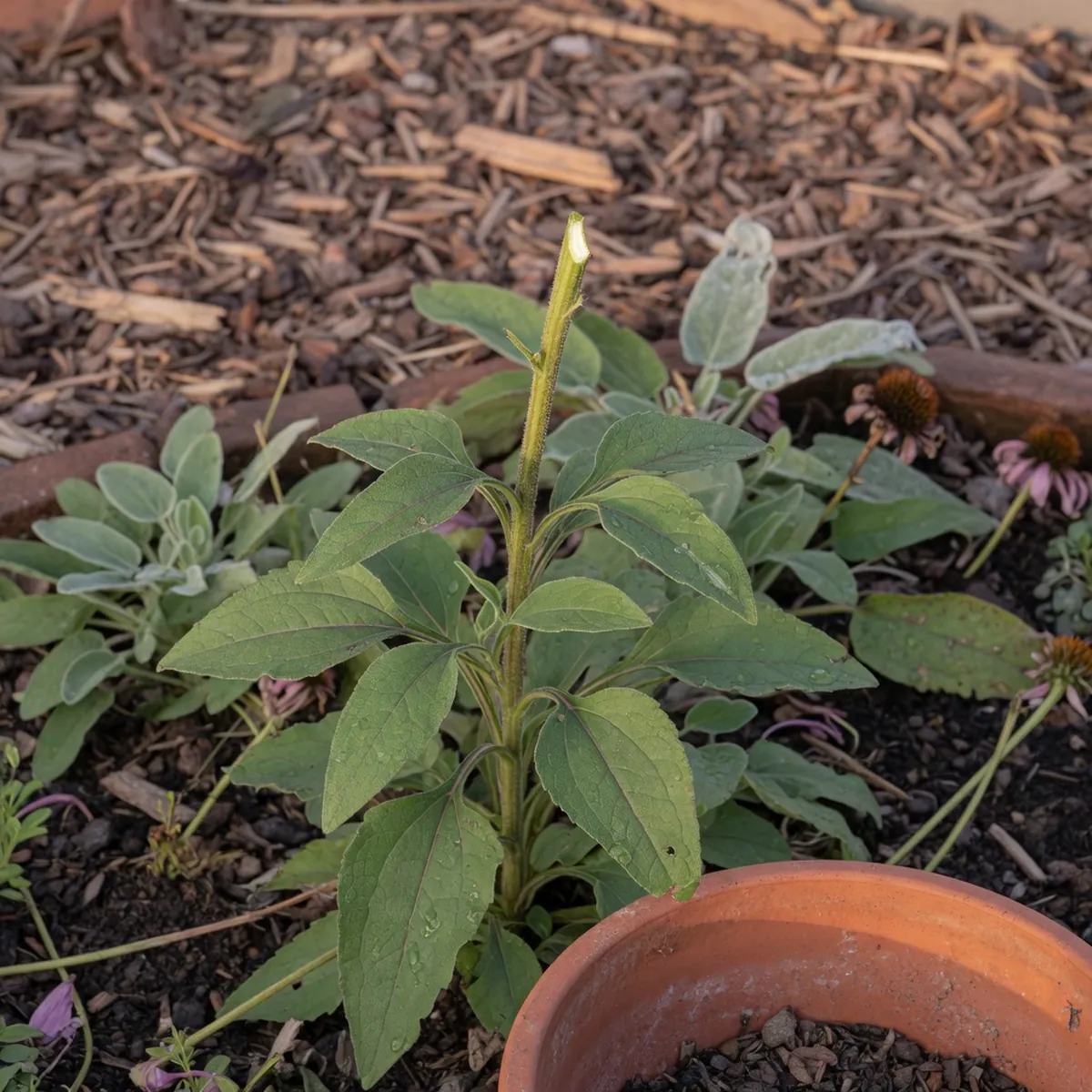 A coneflower stem in a garden bed with a spent bloom removed to reveal fresh green foliage.