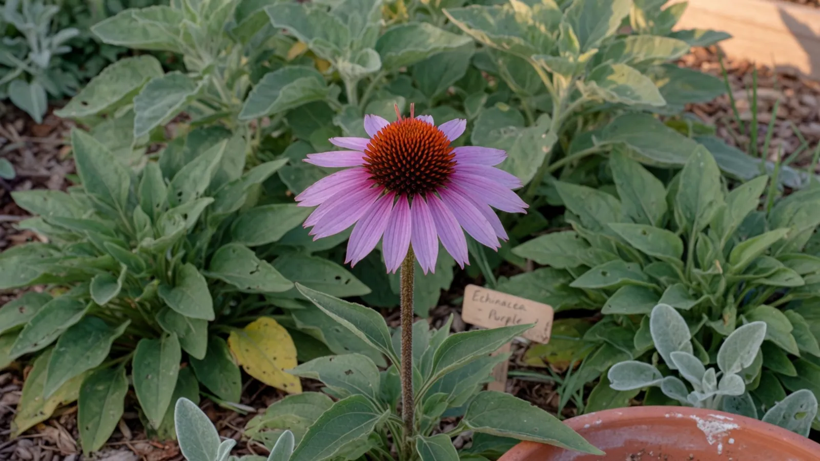 A vibrant purple coneflower in full bloom surrounded by lush green foliage in a sunny garden.
