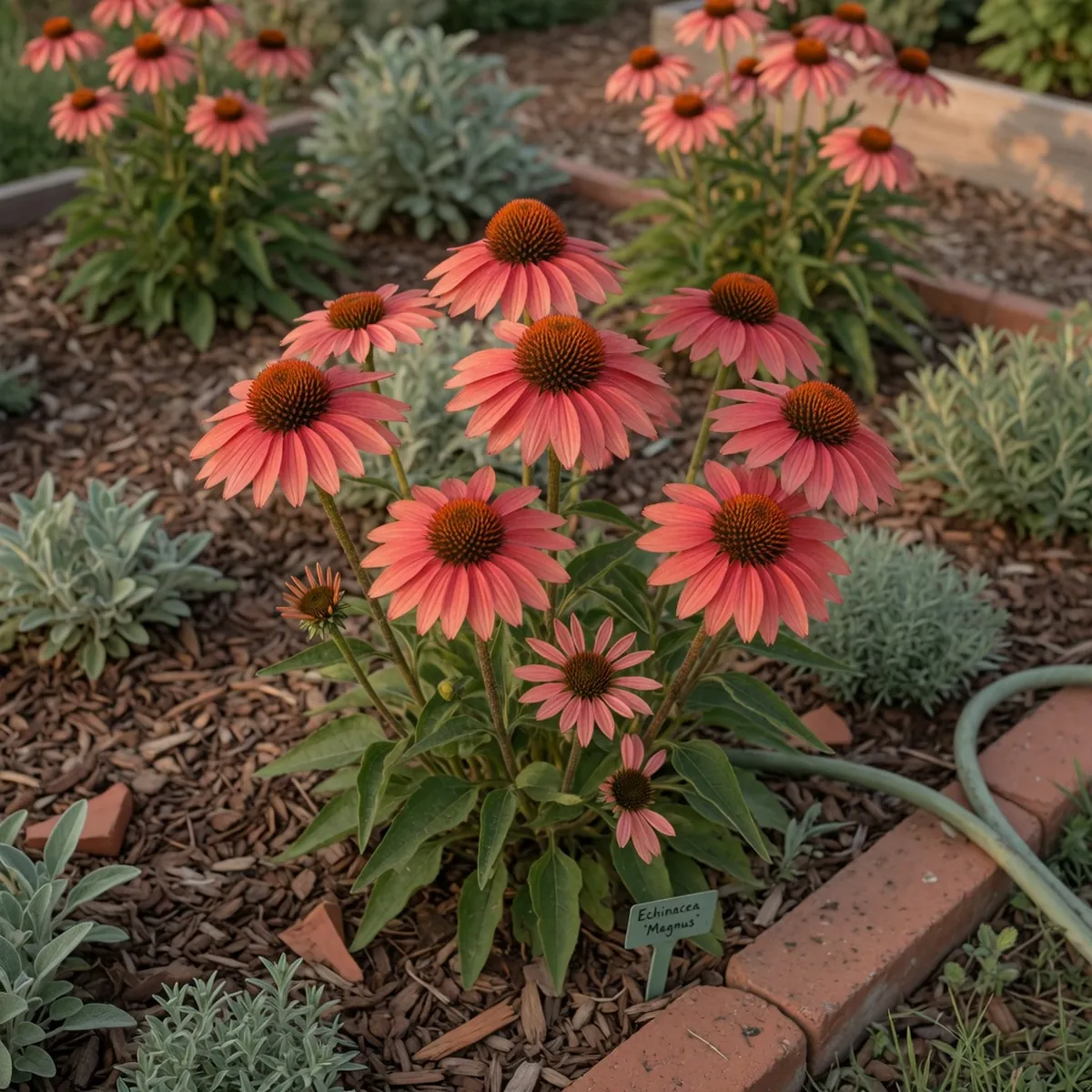 A cluster of healthy coneflowers blooms in a well-maintained garden bed.