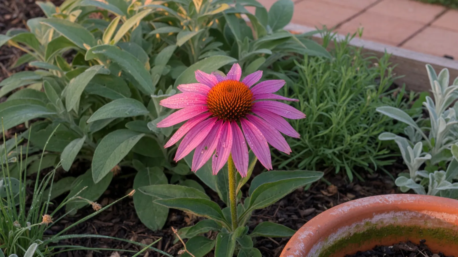A vibrant coneflower blooms in full color surrounded by lush green foliage.