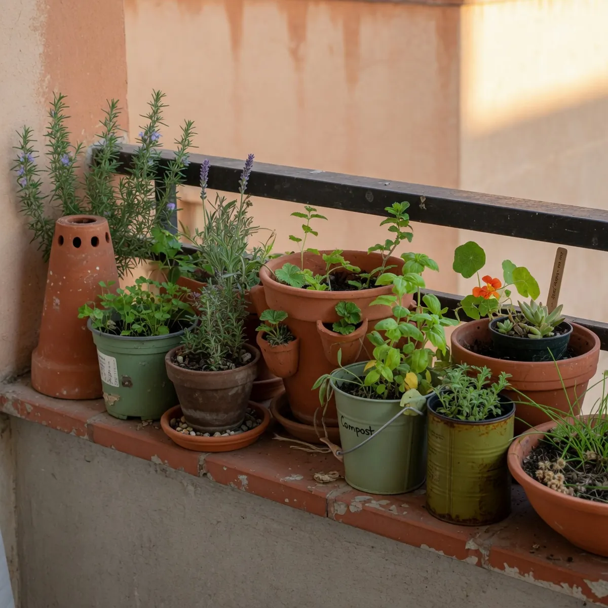 A variety of potted plants in different container styles arranged on a balcony railing.