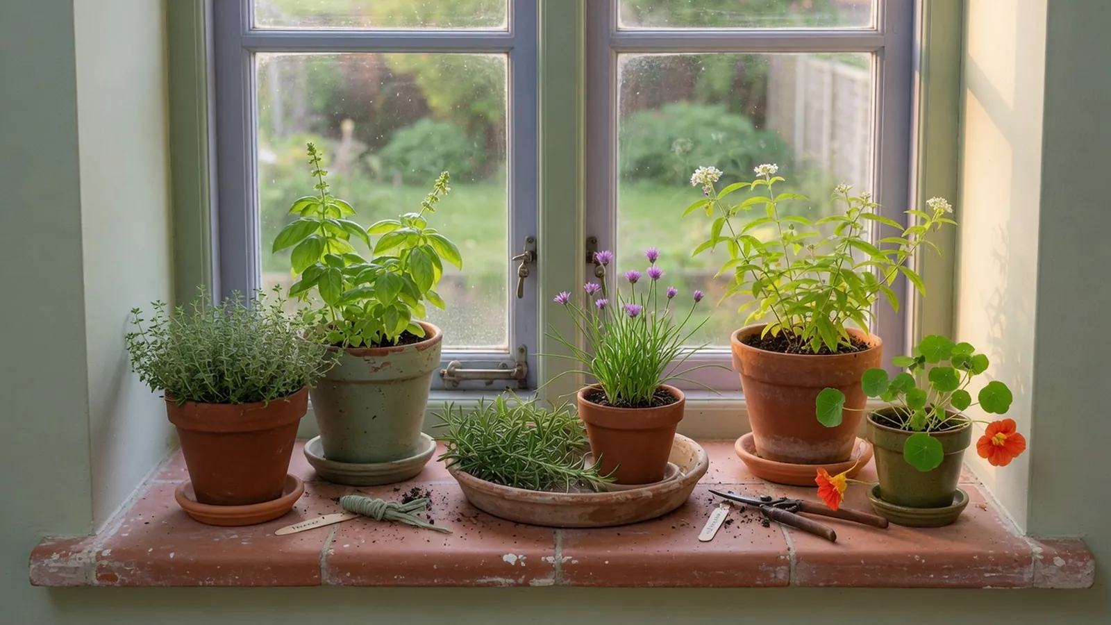 A sunny window sill displaying a curated arrangement of potted herbs and flowering plants.