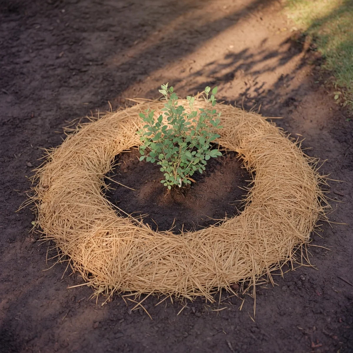 A freshly planted shrub surrounded by a neat ring of pine straw mulch on dark soil.