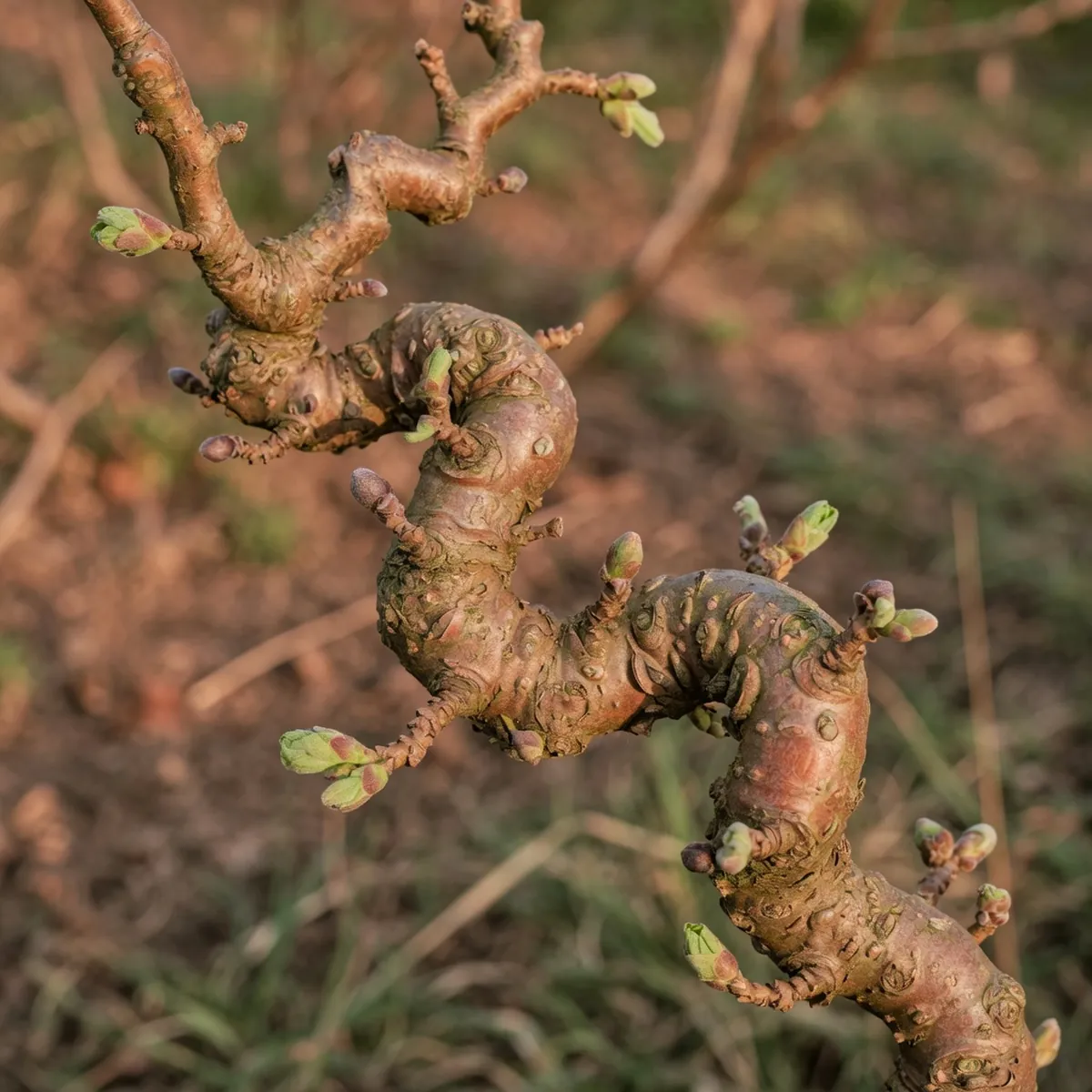 A close-up of a contorted filbert branch showing its distinctive twisted wood and small emerging buds.
