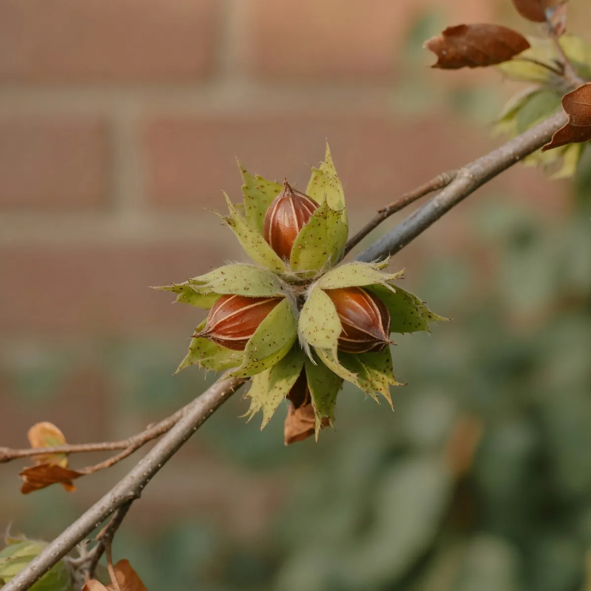 A close-up of triangular copper beech nuts nestled inside their four-lobed green husks on a branch.