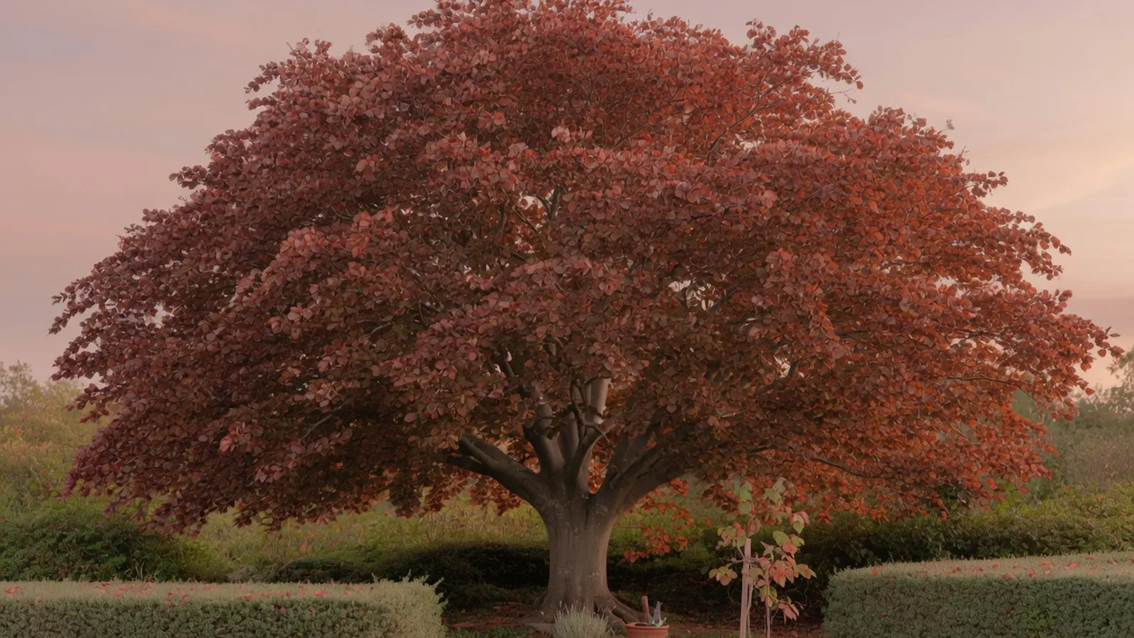 A mature copper beech tree displaying its dense canopy of reddish bronze leaves against a soft sky.