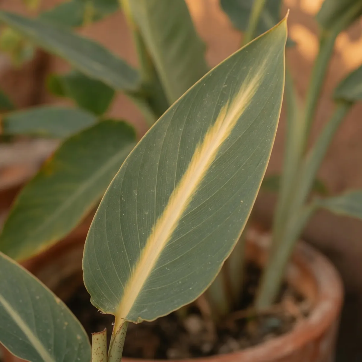 A close-up of a long green leaf with a pale yellow stripe running down its center.