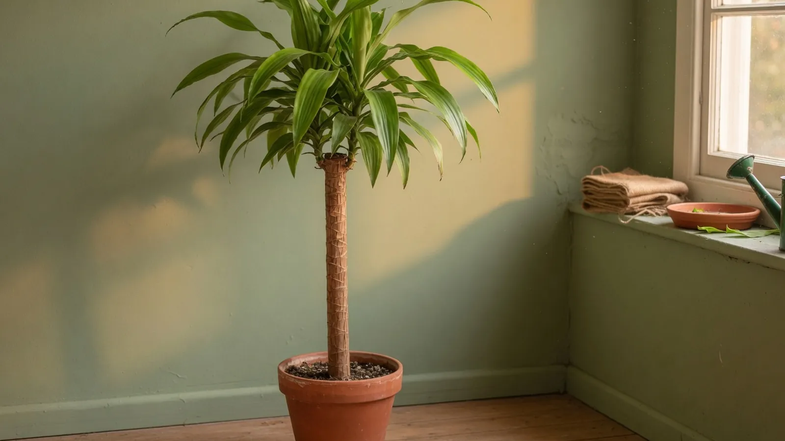 A tall houseplant with a brown stem and long green leaves standing in a sunlit room corner.