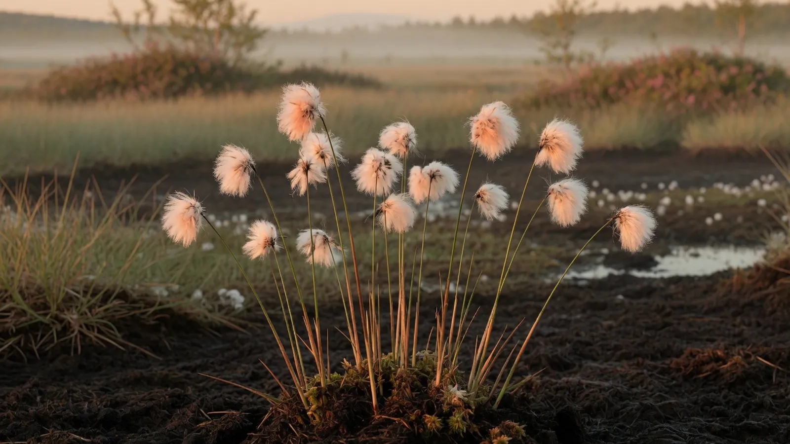 White fluffy seed heads of cotton grass grow in a damp bog environment.