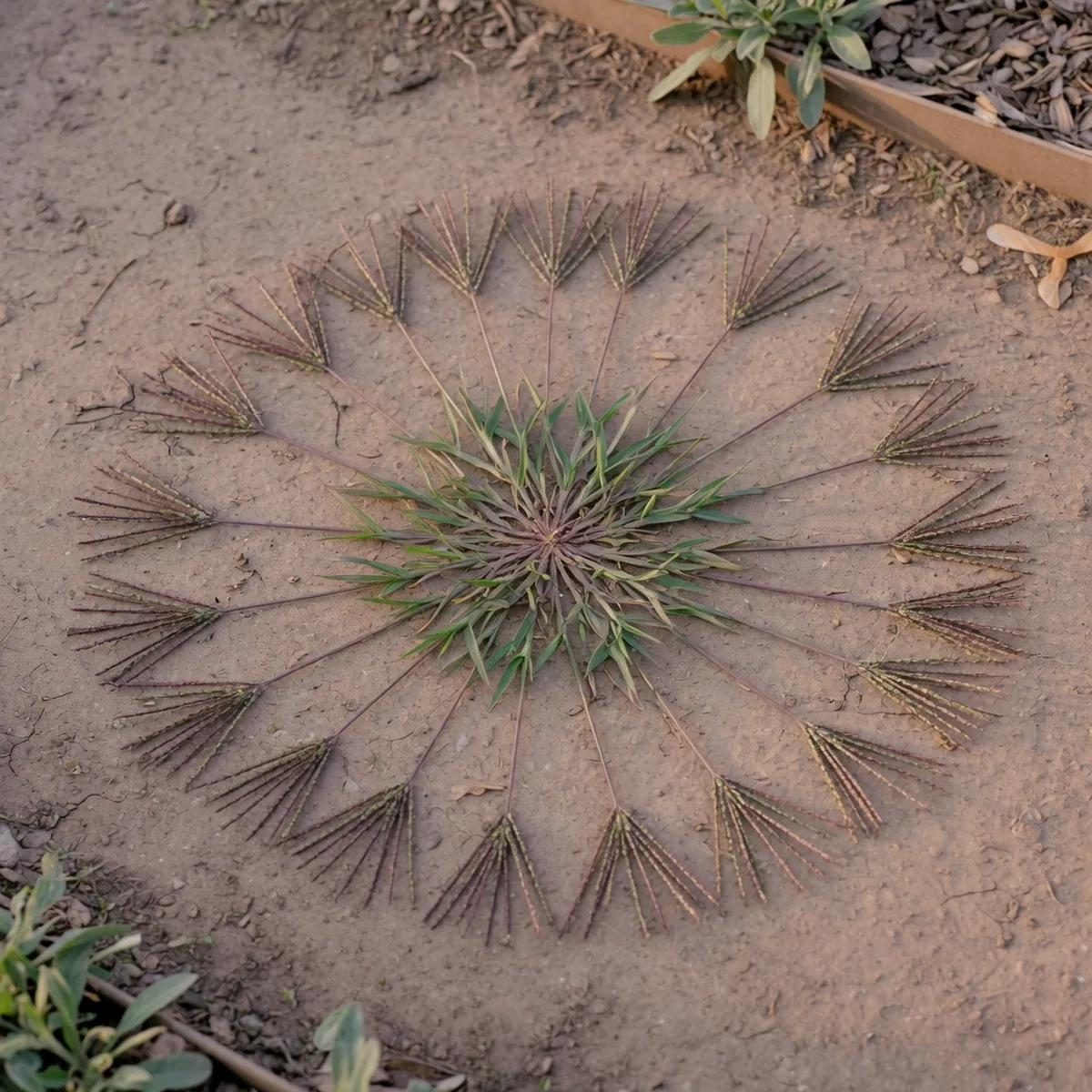 A single crabgrass plant growing in a distinct circular pattern on bare soil with radial stems and spike-like branches.