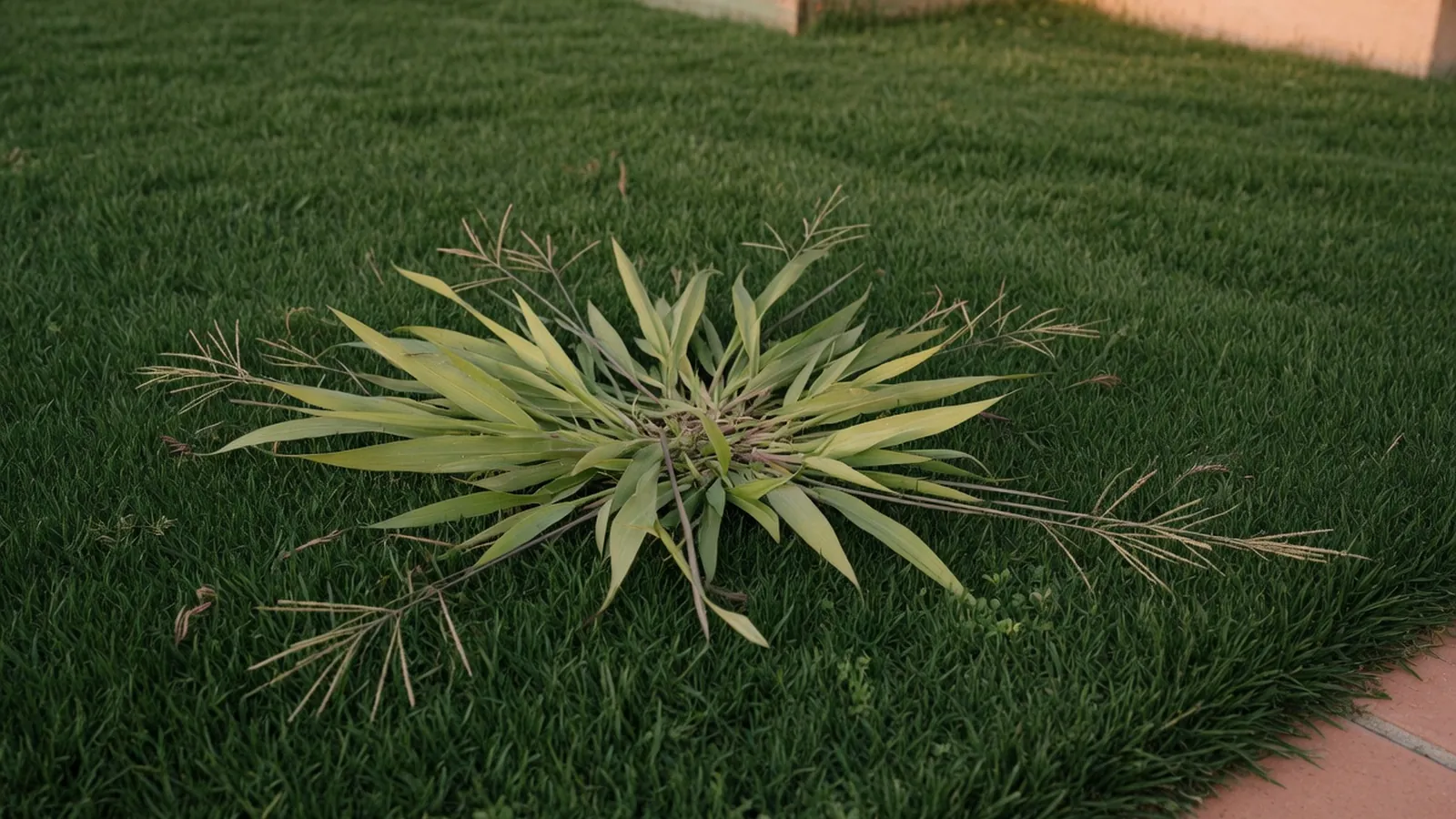 A healthy green lawn with a single crabgrass patch displaying low-lying stems and wide light-green leaves.