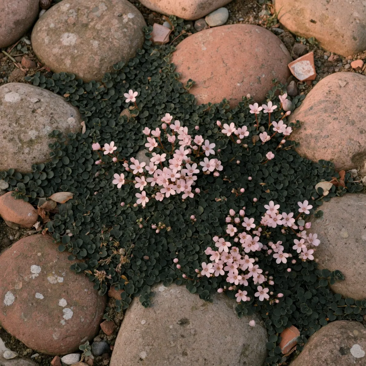 A close-up view of the herb's compact foliage and delicate blooms nestled among garden pavers.