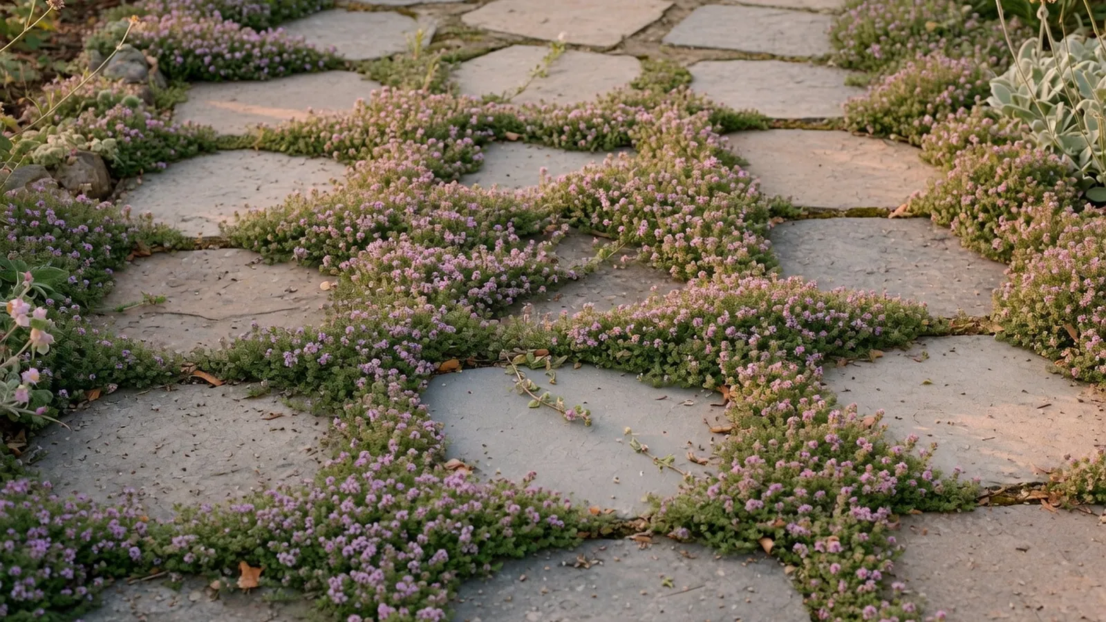 A sprawling patch of creeping thyme carpeting a sunlit garden path between paving stones.