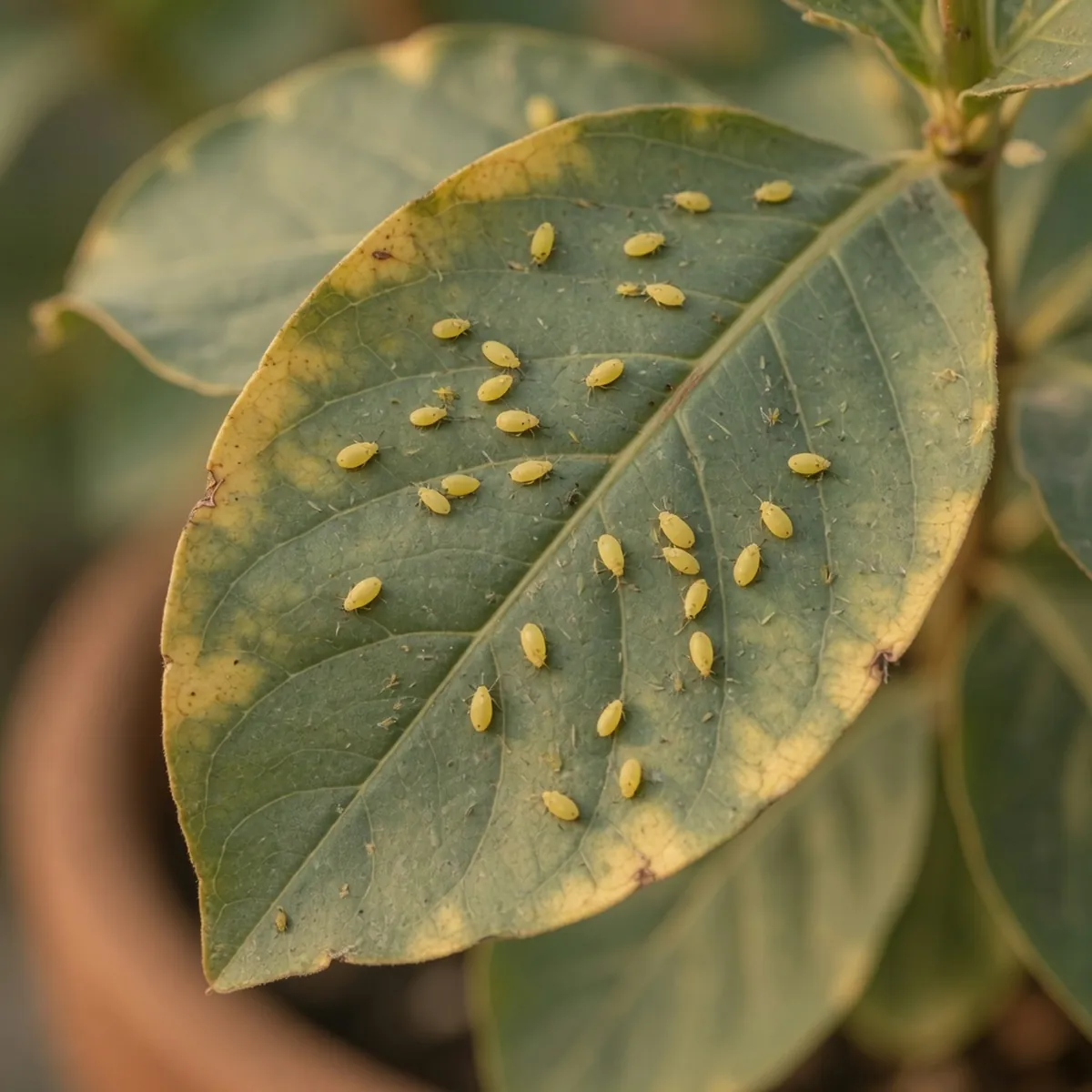 Small yellow aphids clustered on a crepe myrtle leaf causing it to wilt.