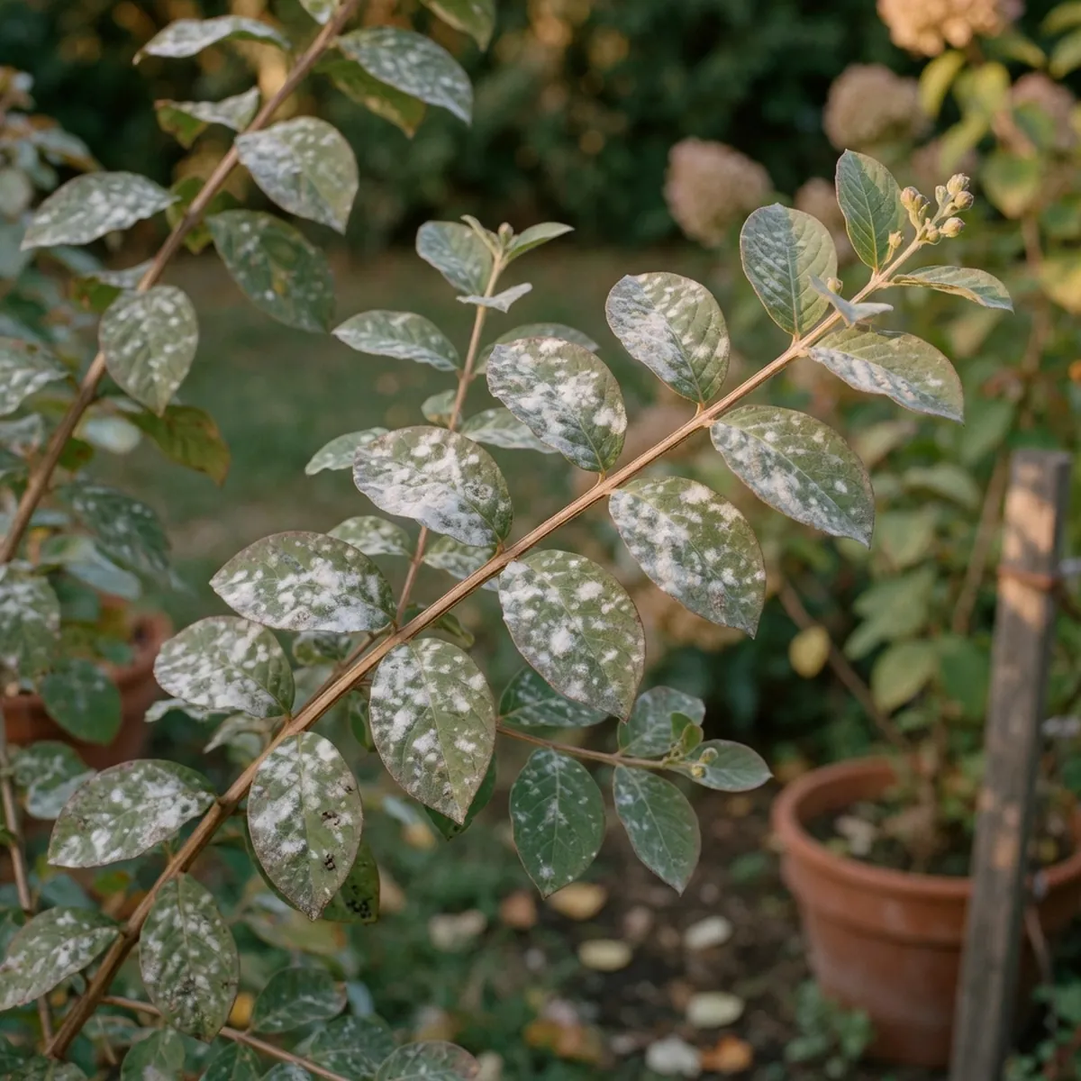 Crepe myrtle leaves covered in a white powdery fungal coating from mildew.