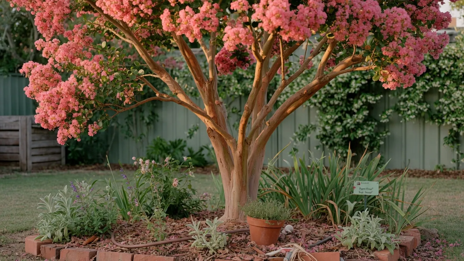 A mature crepe myrtle tree displaying vibrant pink blossoms and smooth mottled bark in a garden.