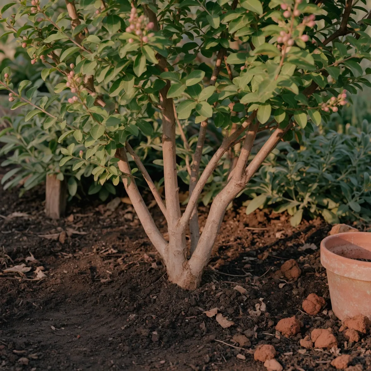 A healthy crepe myrtle shrub with smooth bark and vibrant green leaves standing in a sunny garden bed with rich, well-drained soil.