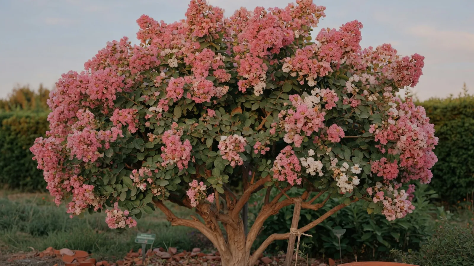 A mature crepe myrtle tree displaying clusters of pink and white crinkled flowers against a clear sky.