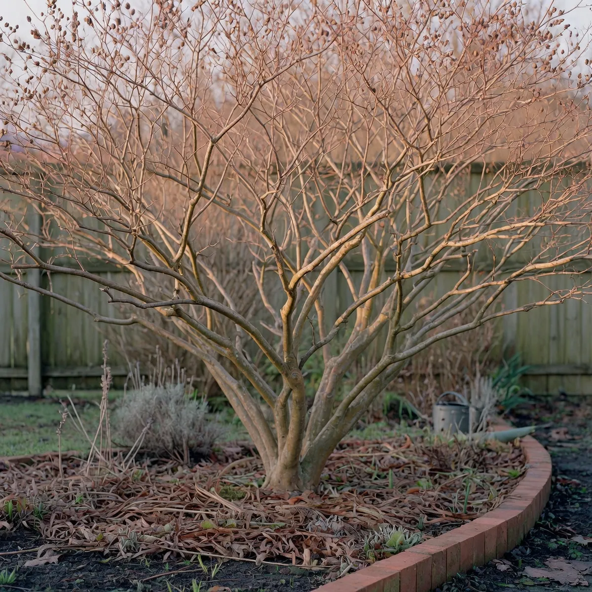 A dormant crepe myrtle tree with bare branches ready for structural pruning in early spring.
