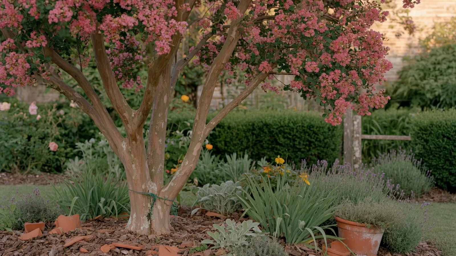 A healthy crepe myrtle tree displaying its characteristic smooth bark and vibrant summer blooms in a landscaped garden.