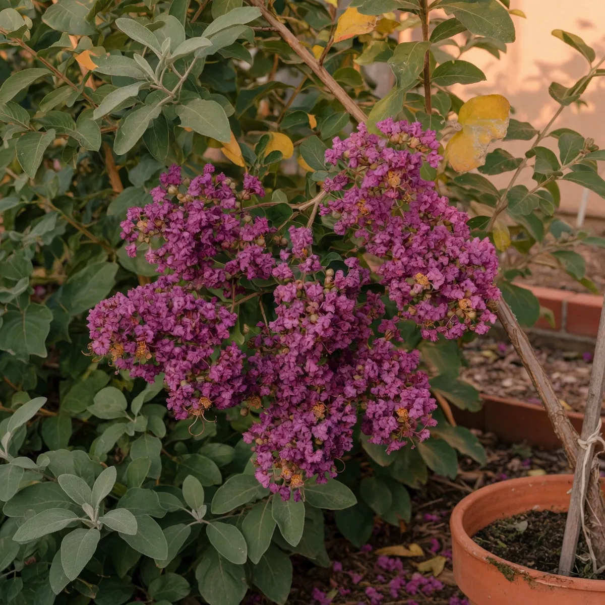 A cluster of crepe myrtle blossoms in shades of magenta and purple against green foliage.