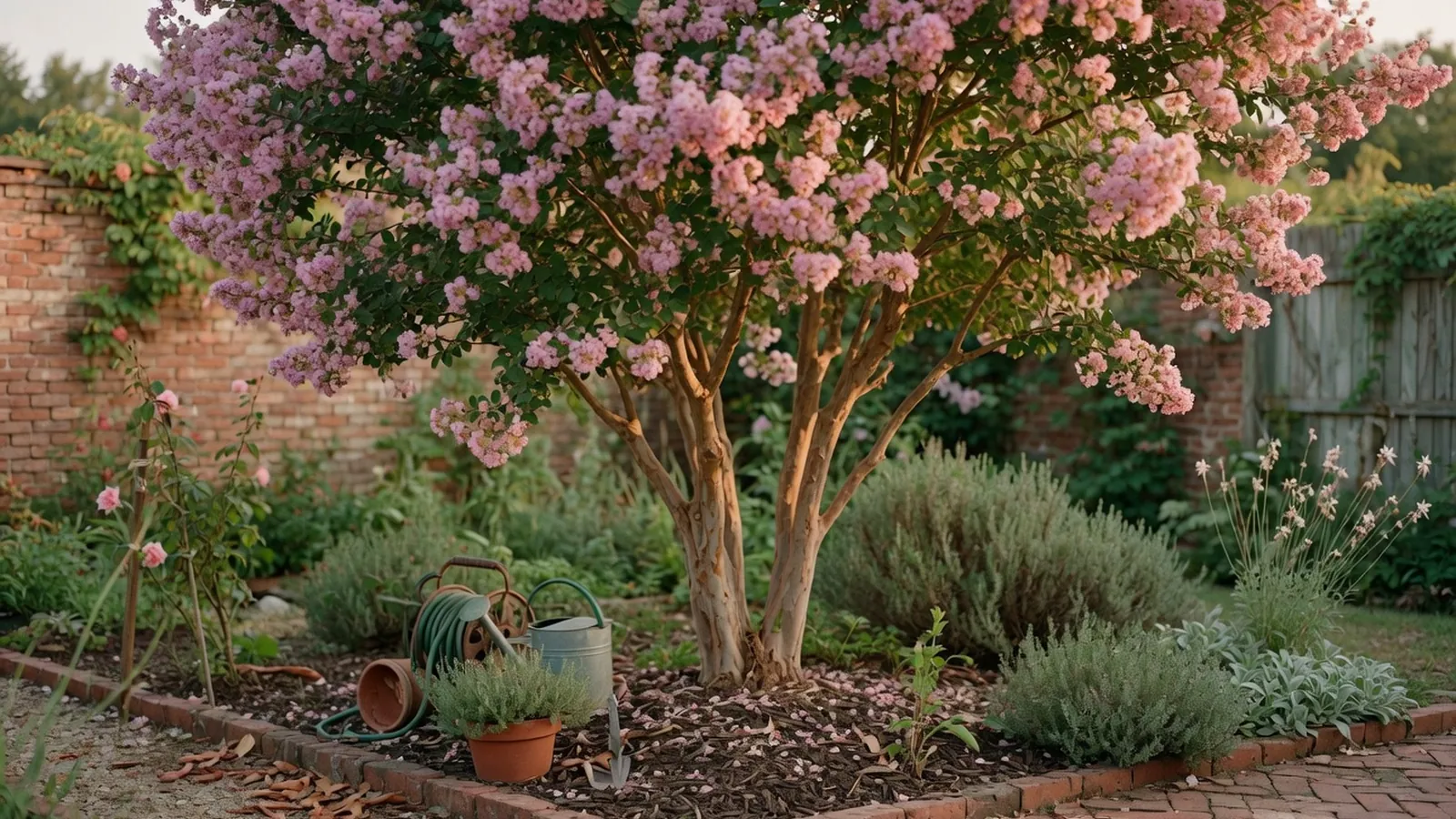 A mature crepe myrtle tree in full bloom standing in a landscaped garden.