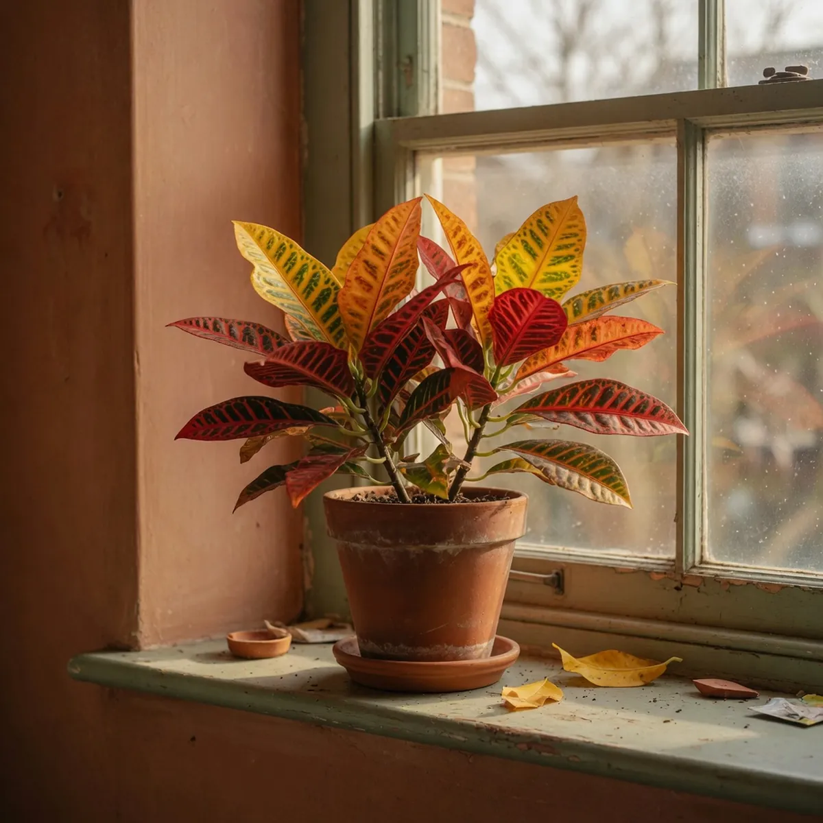 A potted croton plant displaying vibrant red, yellow, and orange variegated leaves on a bright windowsill.