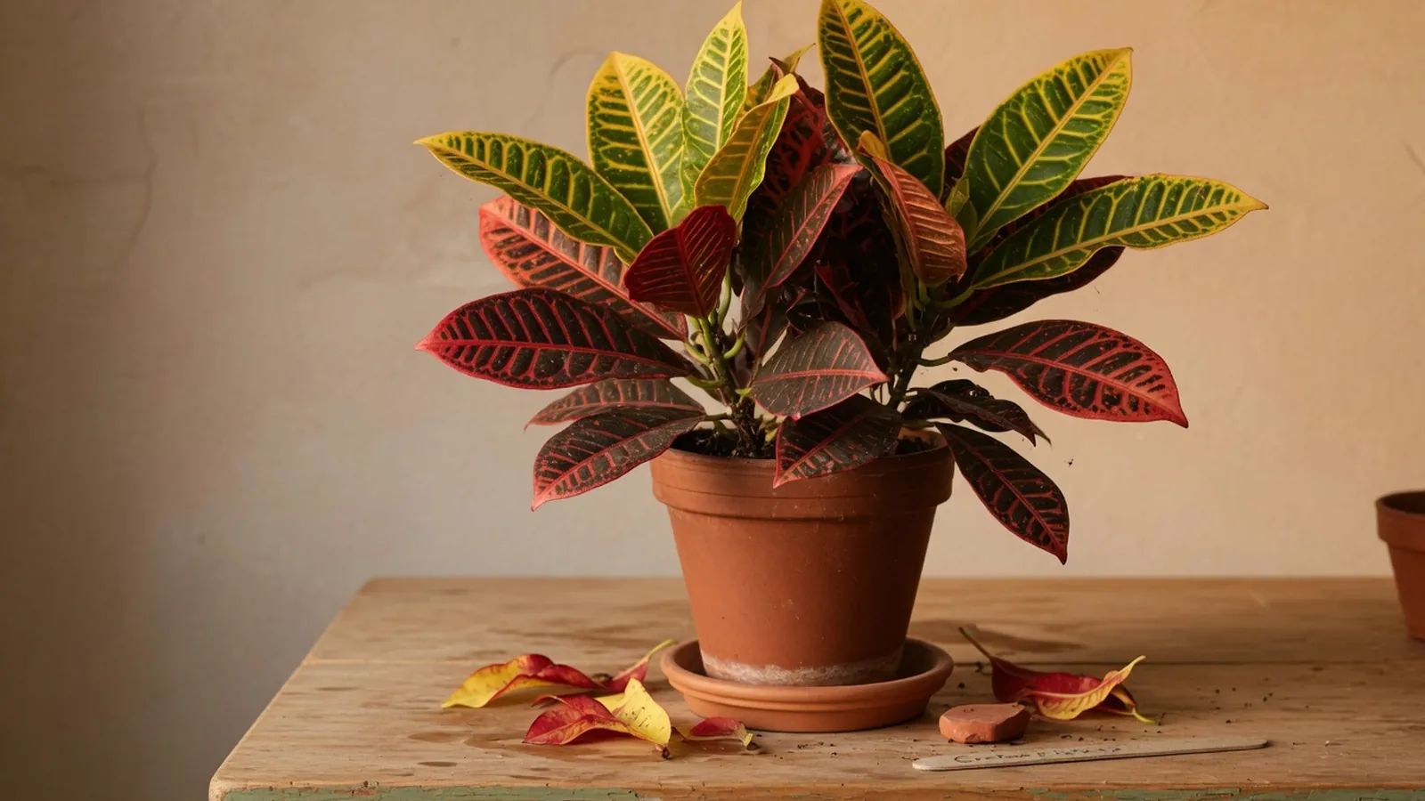 A lush croton plant showcasing glossy, multicolored tropical foliage in a decorative indoor pot.