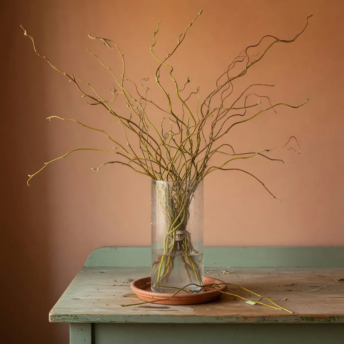 Slender spiraling branches arranged in a tall vase on a wooden table.