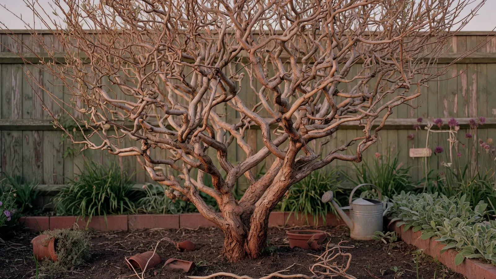 A mature curly willow tree with distinctive spiraling branches standing in a garden.