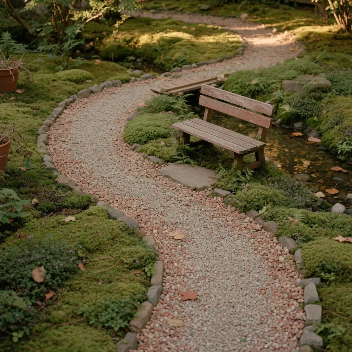 A winding gravel path curves through low-growing moss and tiny ferns toward a miniature wooden bench beside a shallow stream.