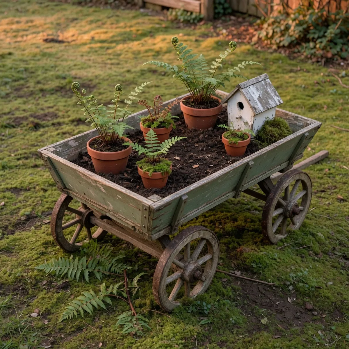 A weathered wooden garden cart filled with dark soil and small potted ferns sits on a mossy lawn.