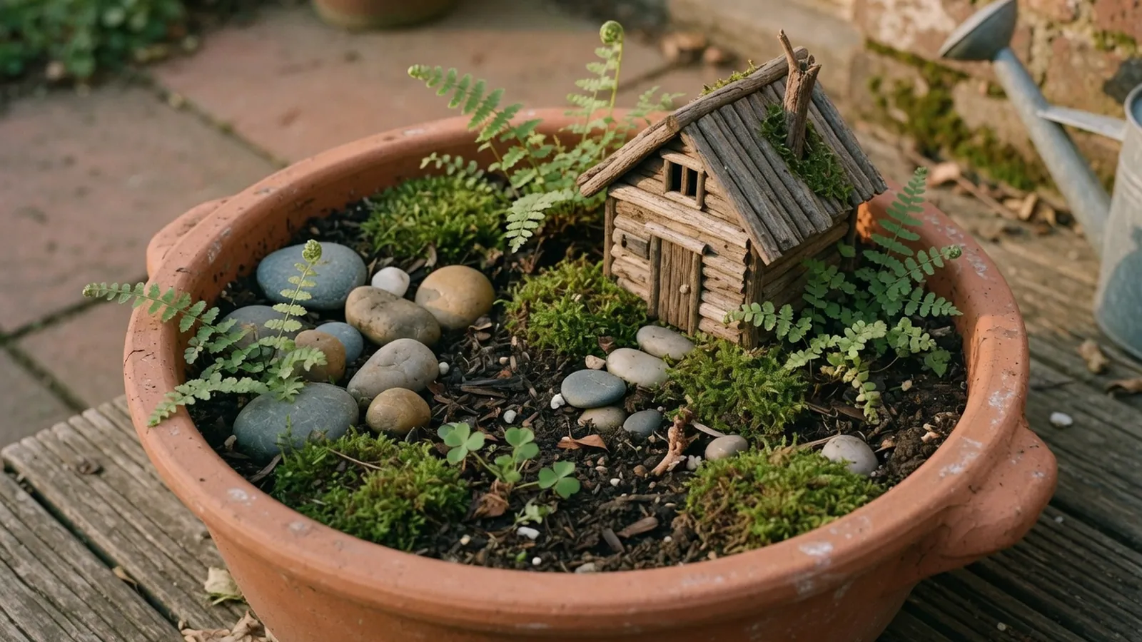 A miniature garden arrangement featuring tiny plants, smooth stones, and a small wooden structure nestled in rich soil.