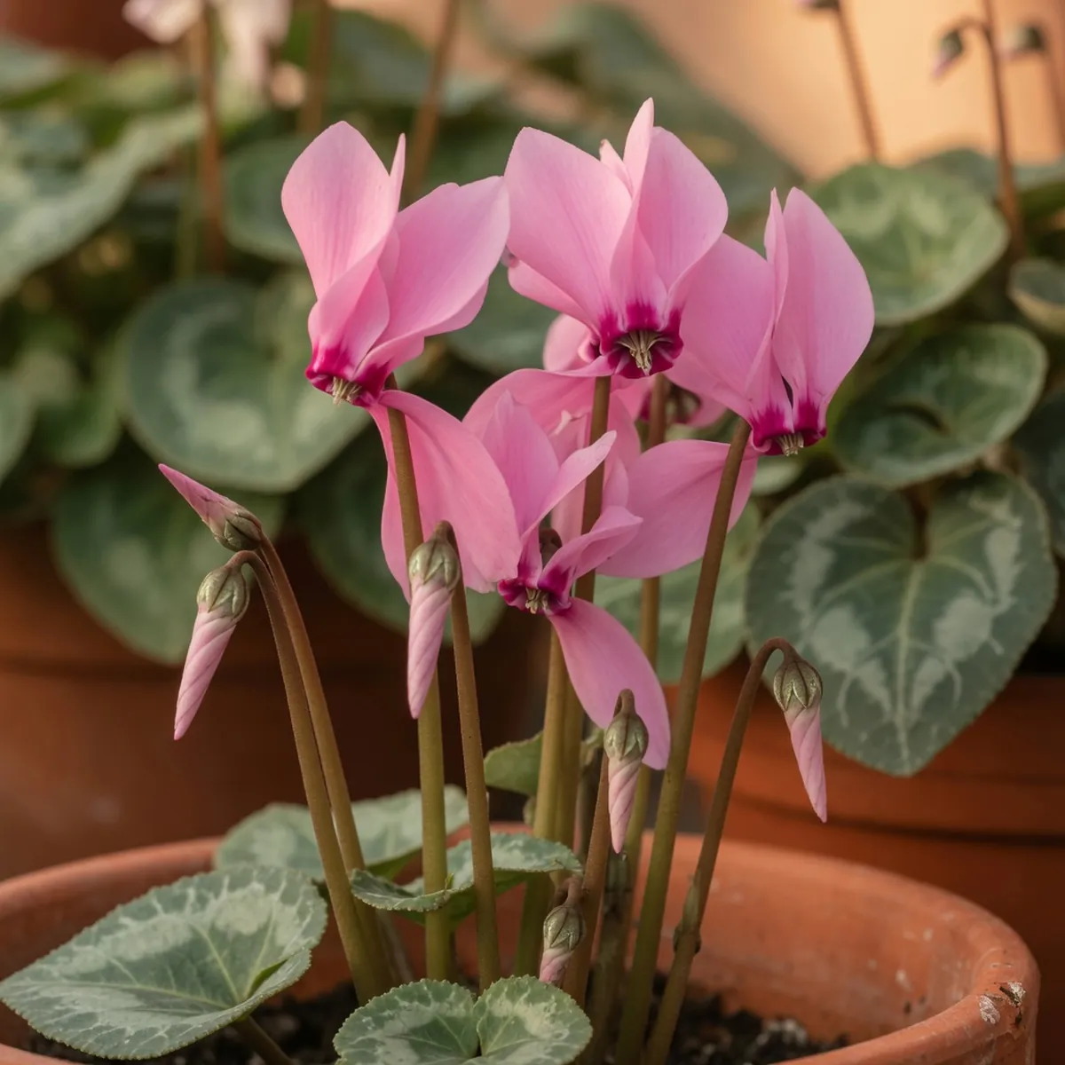 Cyclamen stems displaying a mix of open flowers and unopened buds.
