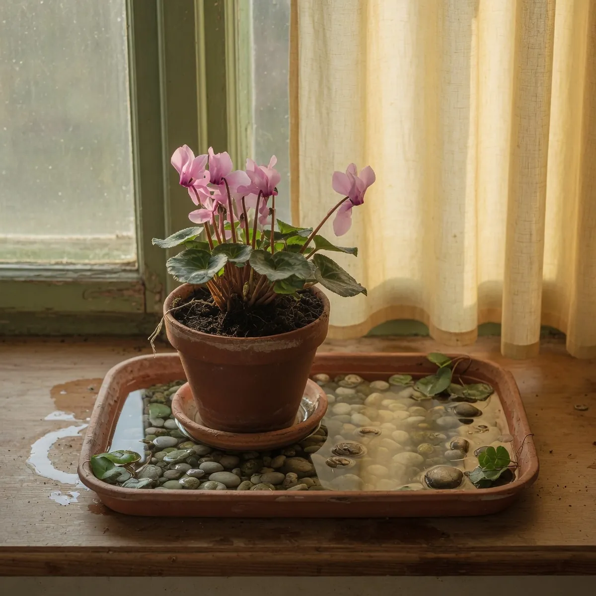 A potted cyclamen sitting on a pebble-lined tray to maintain humidity.