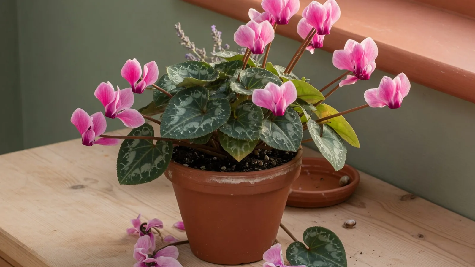 A healthy cyclamen houseplant with pink flowers and patterned leaves in a pot.