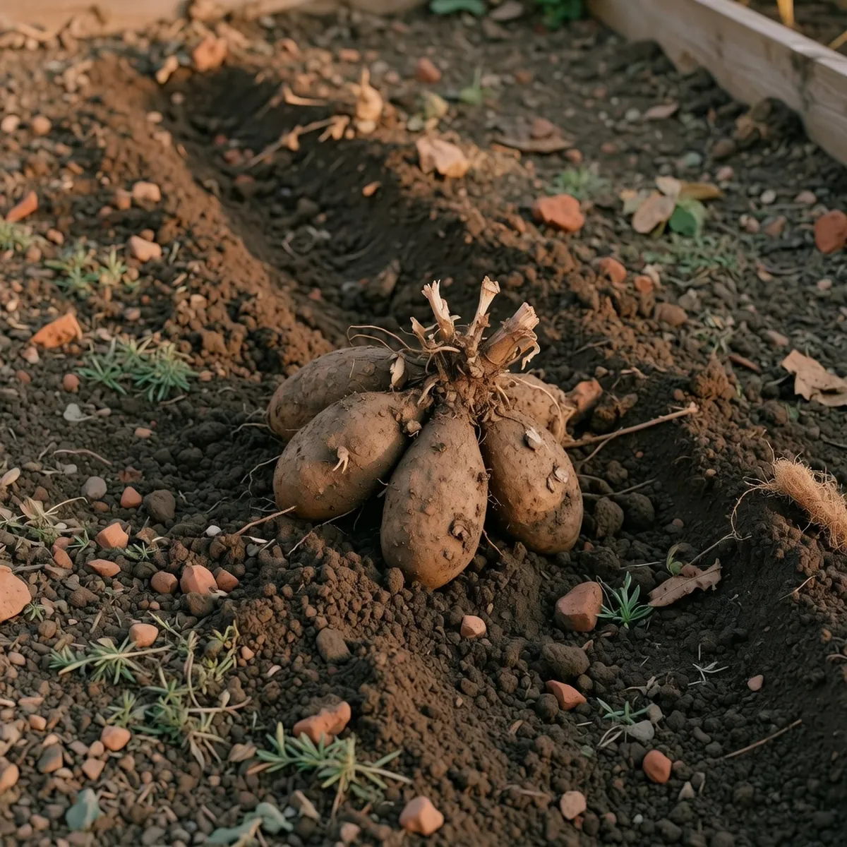 A dormant dahlia tuber resting on dark, loose garden soil ready for planting.