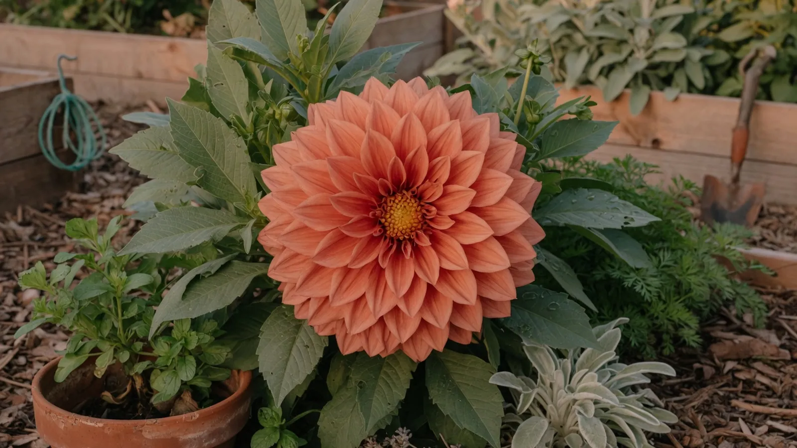 A vibrant multi-petaled dahlia flower in full bloom surrounded by lush green foliage.