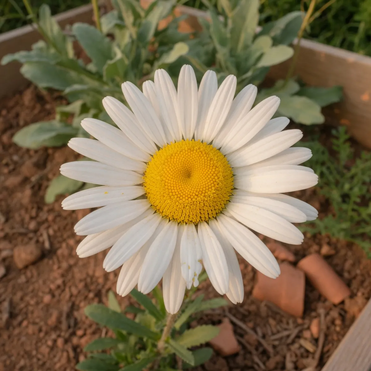 A single daisy bloom displaying a bright yellow center surrounded by delicate white petals against a soft green background.