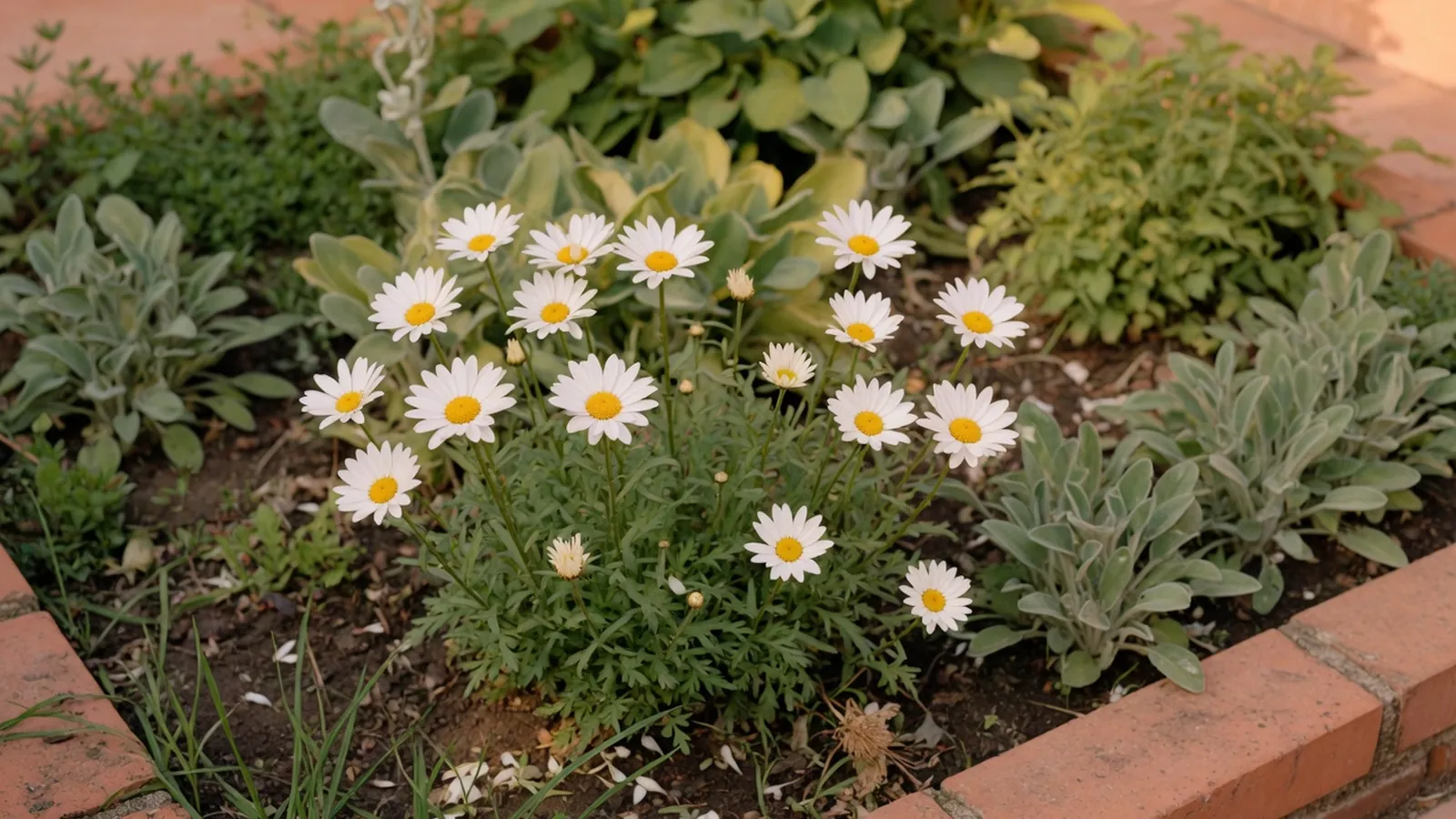 A cluster of white daisy flowers blooming in a sunlit garden bed.