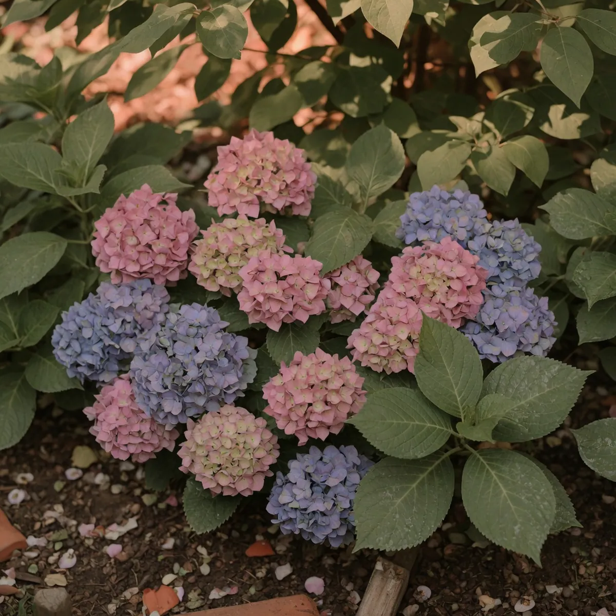 A dense cluster of hydrangea flower heads in soft pink and blue hues surrounded by broad green leaves.