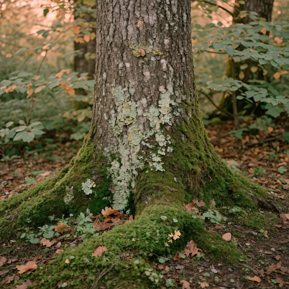 A detailed view of vibrant green moss and pale lichens covering the base of a weathered deciduous tree trunk.