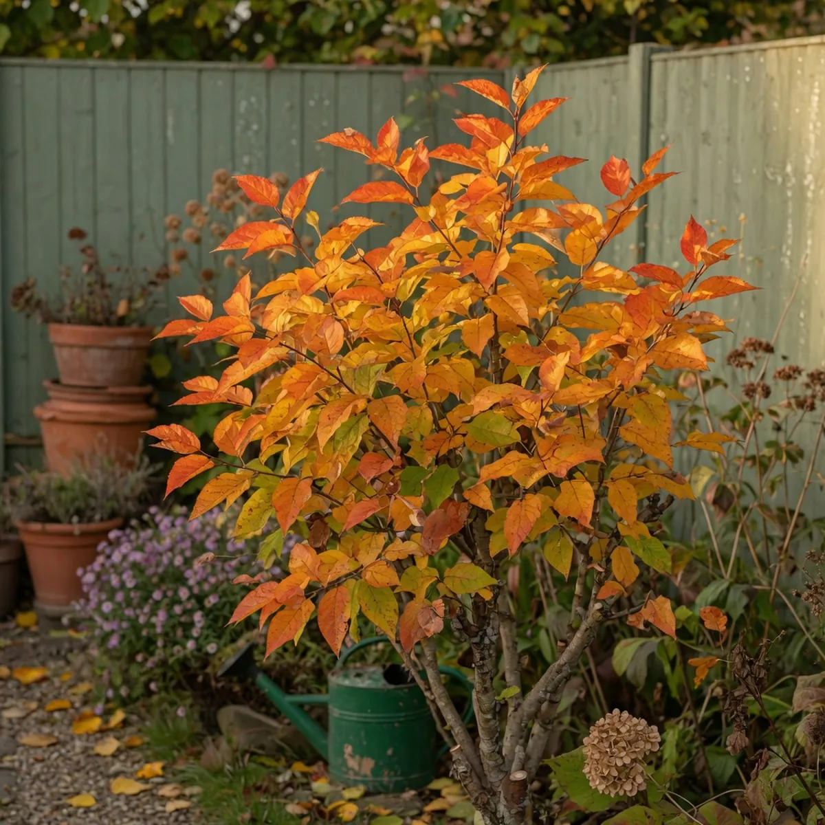 A deciduous shrub displaying vibrant orange and yellow autumn foliage in a garden setting.