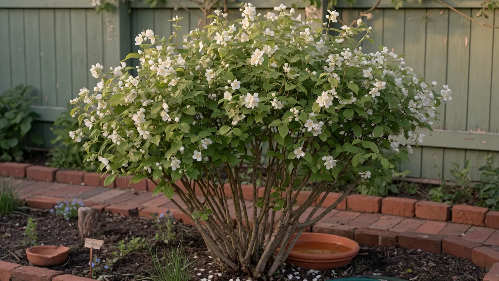A healthy multi-stem deciduous shrub with lush green leaves and small white blossoms.