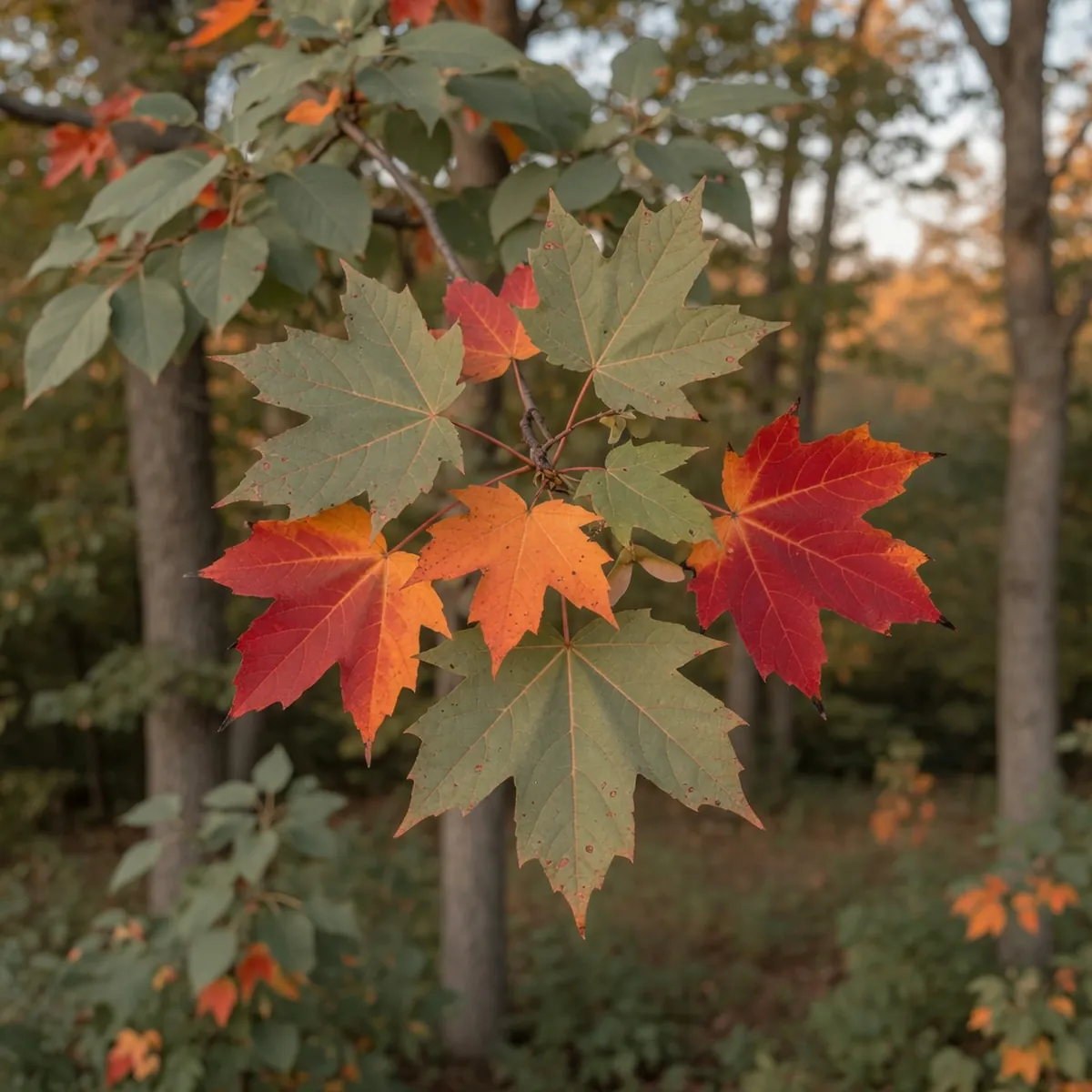 A cluster of maple leaves transitioning from green to brilliant crimson and orange against a soft-focus woodland background.